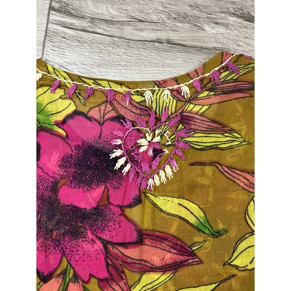 Raj Tunic Dress Women's Size Large Multi Color Floral Cotton Embroidered Kaftan - Picture 12 of 13
